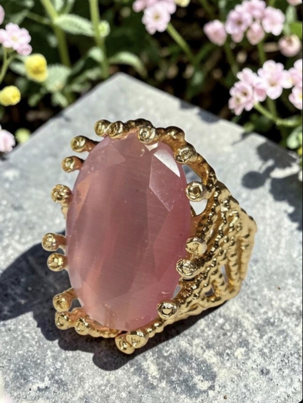 Oversized 18k Gold Plated Artisan Pastel Pink Tourmaline Crystal Caged Ring